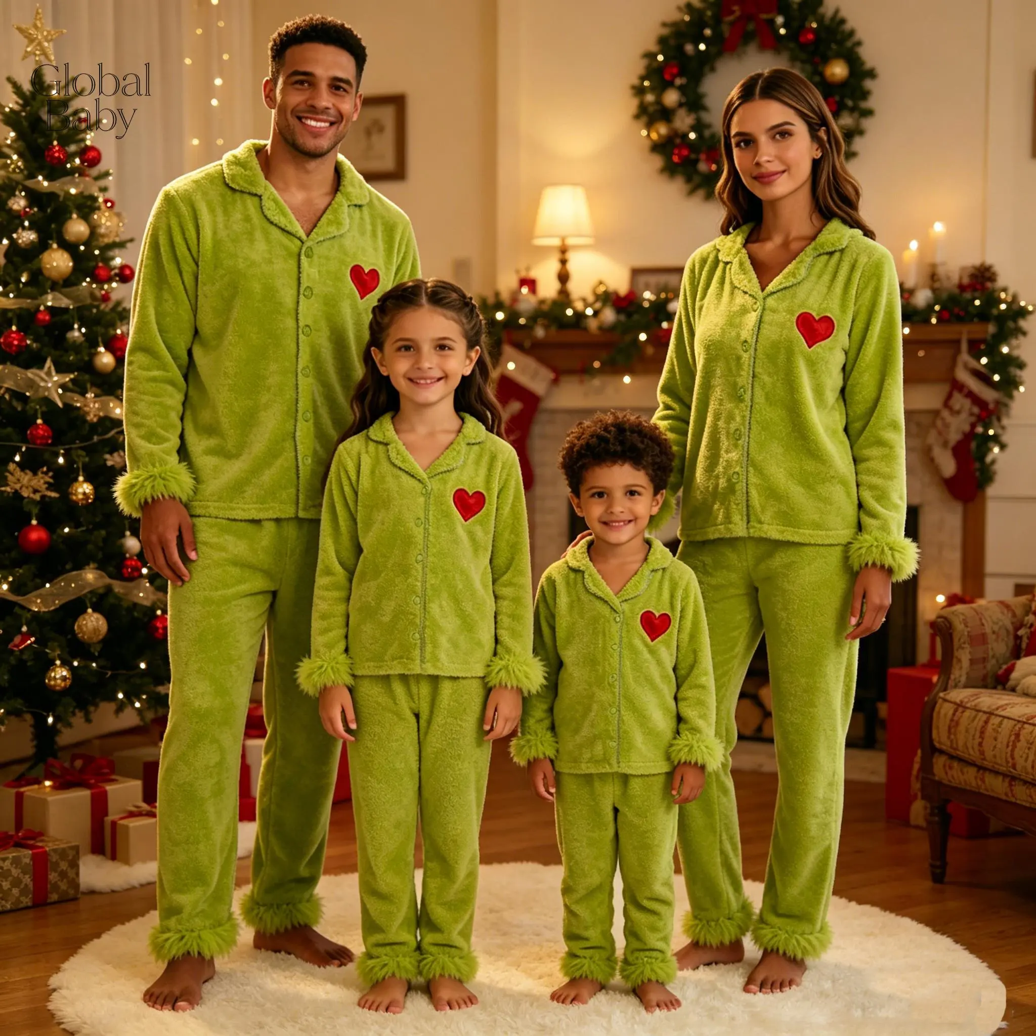 Christmas Whole Family Matching Plush Sleepwear Set Soft Coral Fleece Lime Green Heart Embroidery Fuzzy Trim Long Sleeve Button Top Elastic Waist Pants Cozy Cold Weather Indoor