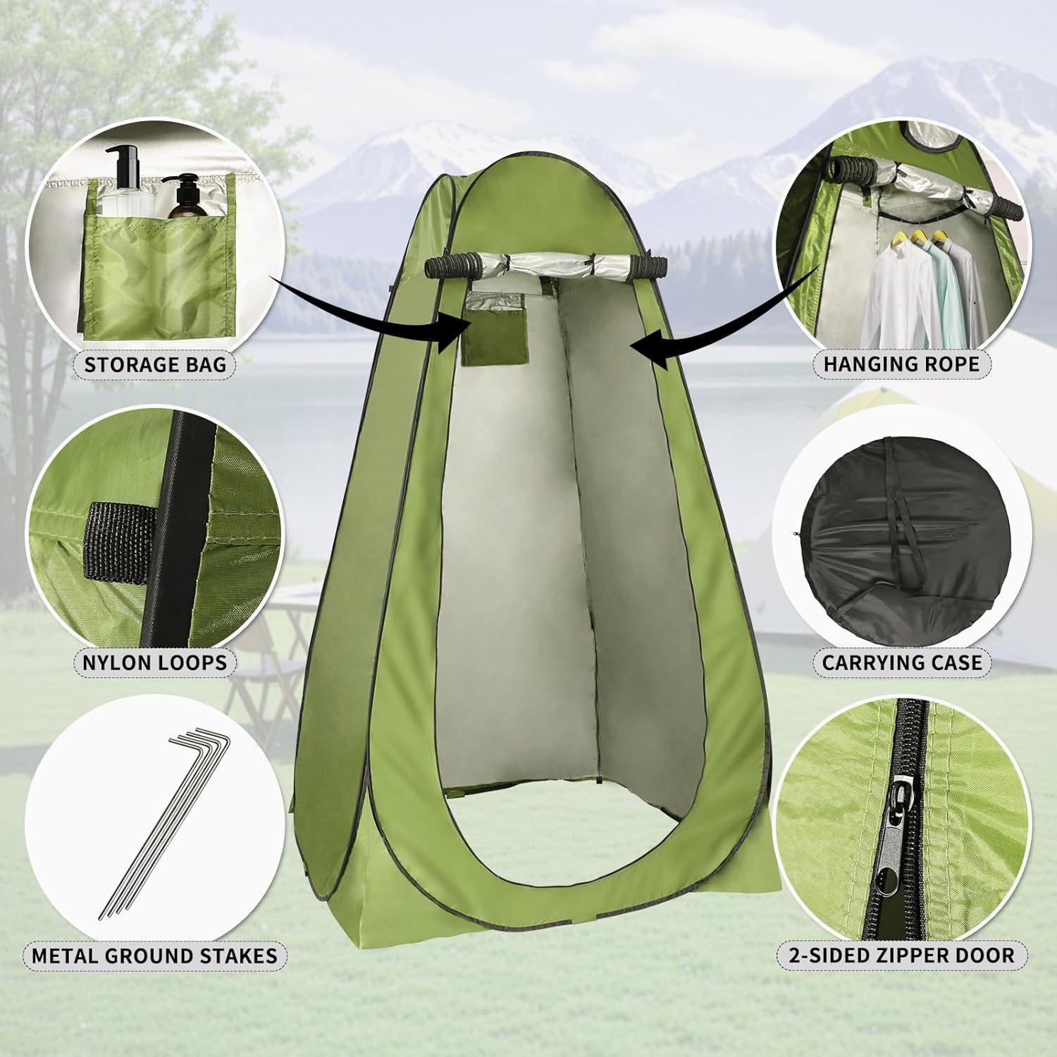 Pop-up privacy tent, extra-large portable model, suitable for RV camping trips, portable instant-open camping tent with storage bag, oval tent suitable for camping, travel, home, beach, green zipper closure, dual-use for indoor and outdoor