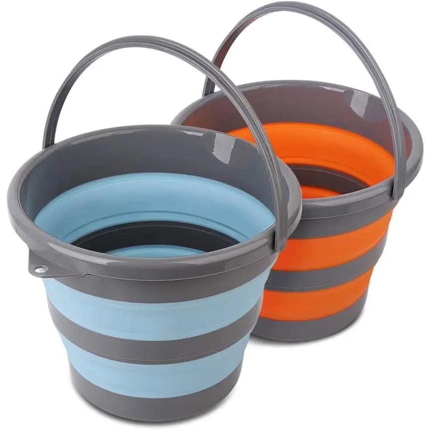 2 Pack 2.6 Gallon (10L) Collapsible Plastic Bucket, Foldable Space Saving Round Tub Portable Water Pail for House Cleaning Garden Camping Fishing (Blue & Orange)