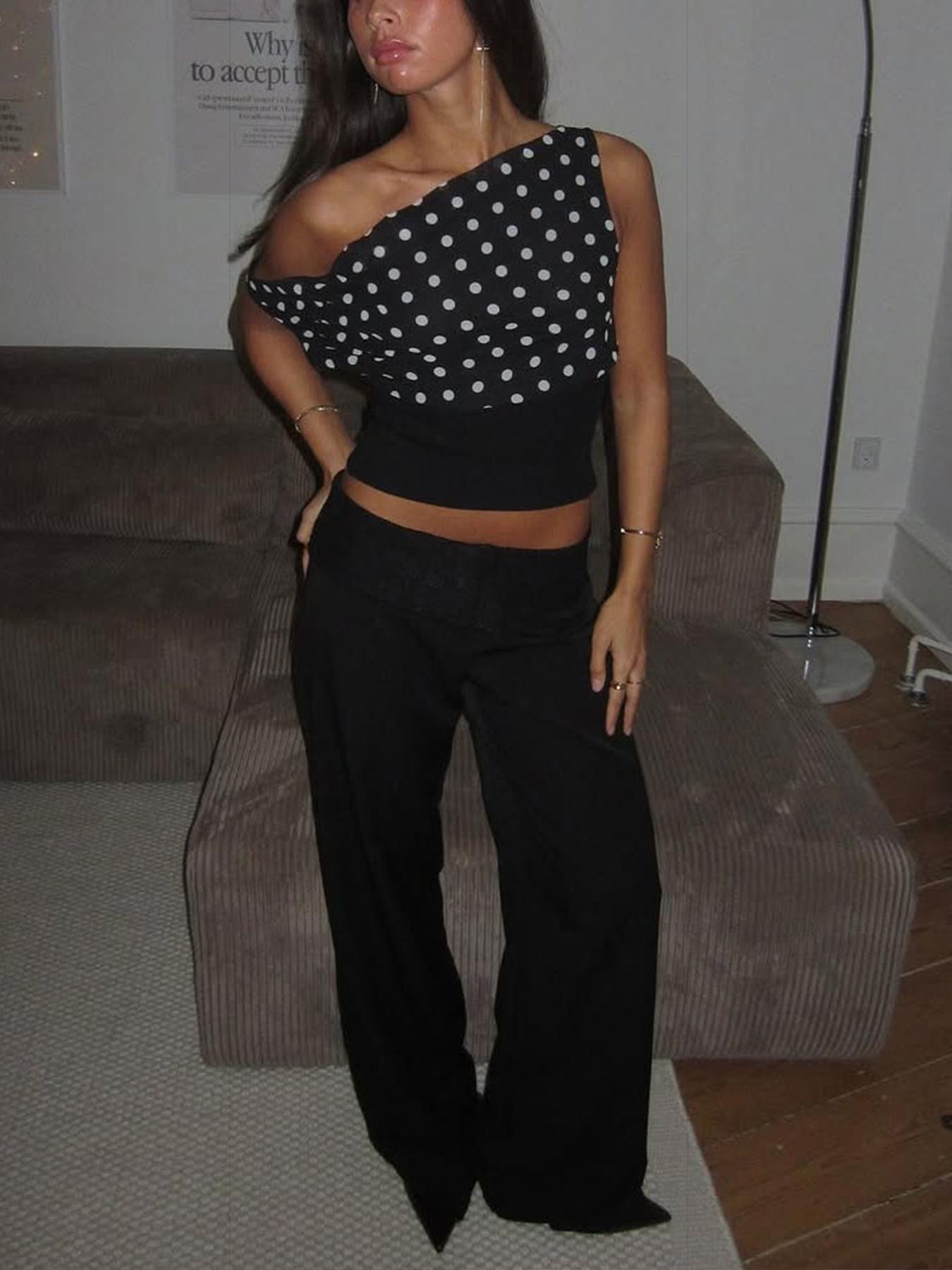 Women's Polka Dot Print Asymmetrical Neck Crop Tank Top, Casual Fitted Sleeveless Cropped Top for Daily Wear, Ladies Clothes for All Seasons