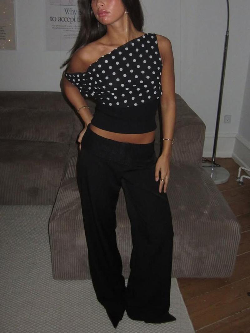 Women's Polka Dot Print Asymmetrical Neck Crop Tank Top, Casual Sleeveless Cropped Top for Daily Wear, Ladies Clothes for All Seasons, Casual Elegant Sleeveless