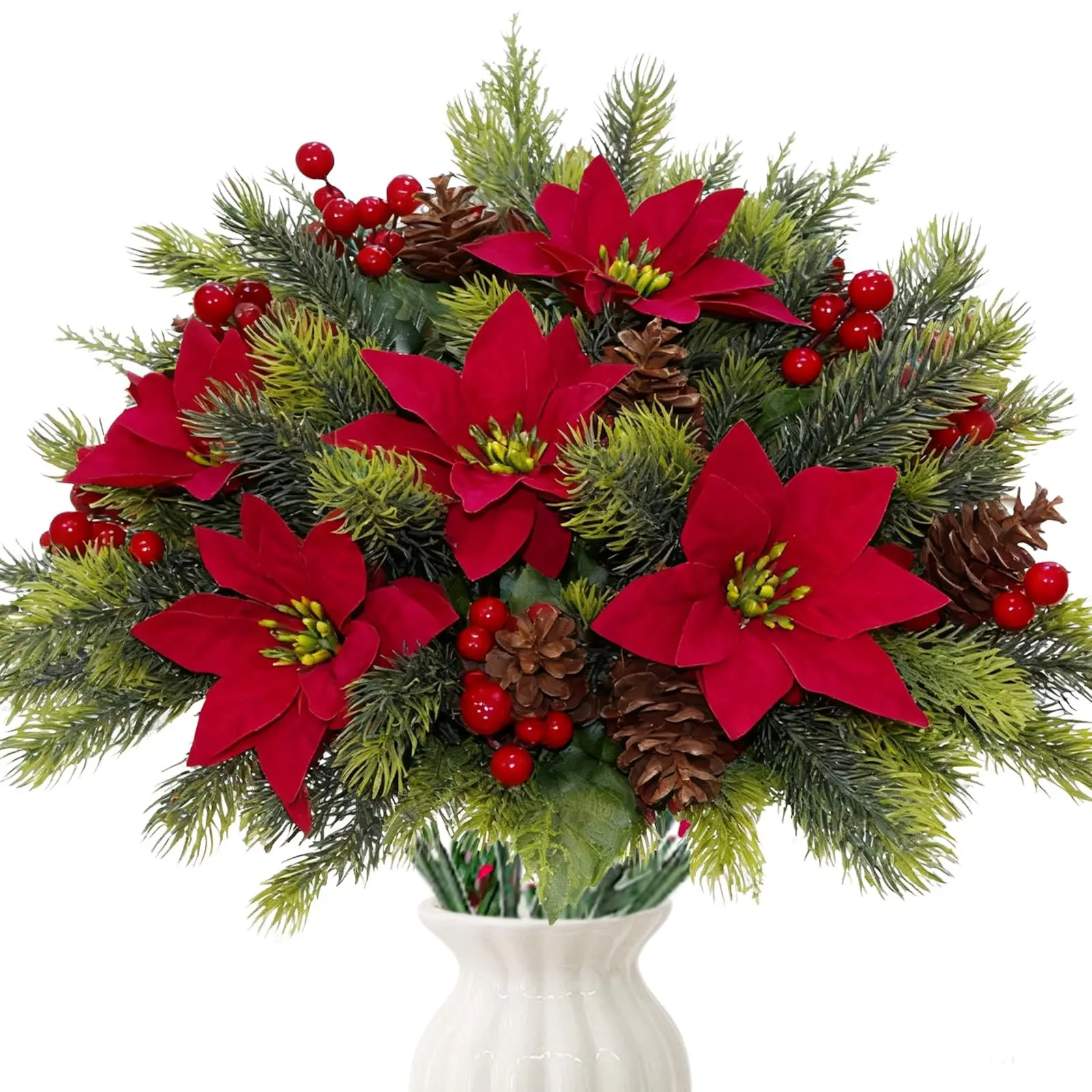10pcs Artificial Flowers Bouquet, Decorative Flowers, Christmas Floral Poinsettia, Pine Cones, Berry Picks, Holly Holiday Decor, Xmas Tree, Party, DIY, Indoor, Table Centerpieces