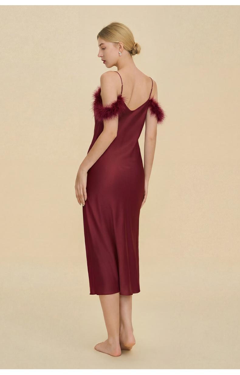 Sexy nightgown with straps, Russian cross-border one-shoulder dress, faux acetate nightgown, light luxury bridesmaid gift, strap dress, sexy off-shoulder feather-trimmed satin long dress, spicy girl style slim-fit bodycon dress