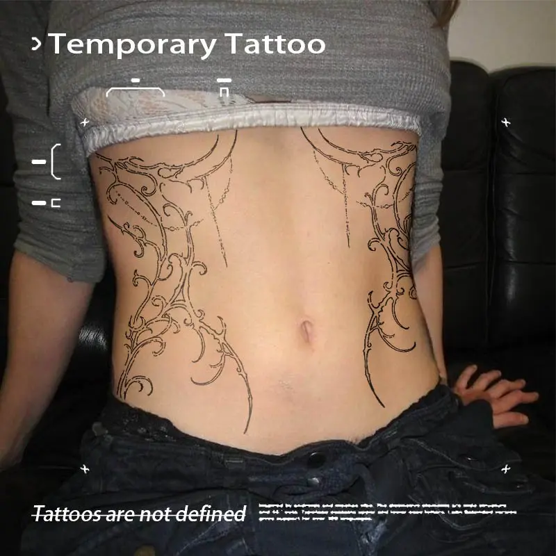 Dark Symmetric Thorn Vine Waist Herbal Juice Temporary Tattoo Semi‑Permanent Waterproof Long‑Lasting Alt Fake Tattoo Stickers for Women's Side Waist Sticker Tattoos