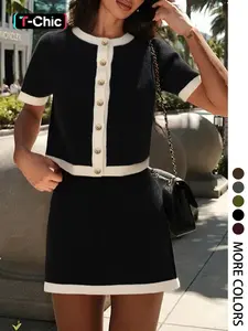 Women's French Style Elegant Commuter Set, Colorblock Knit Fitted Cardigan and Half Skirt Two-Piece, Casual Summer