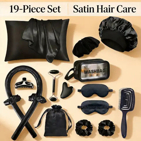 19-Piece No Heat Curl Care Set, Heatless Haircare, Includes No Heat Curler, Satin Pillowcase, Sleep Cap, Eye Mask, Scalp Massager, Jade Roller, Shampoo Bag, Home Hair Kit, Heatless Styling Tool