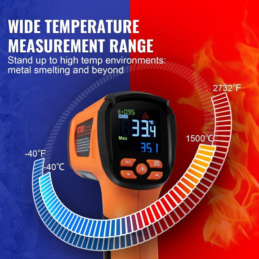 VEVOR Infrared Thermometer, -402732F Dual Laser Temperature Gun Non-Contact, Handheld IR Heat Temperature Gun with Adjustable Emissivity for Metal Smelting/Cooking/Pizza Oven/Engine(Not for Human)