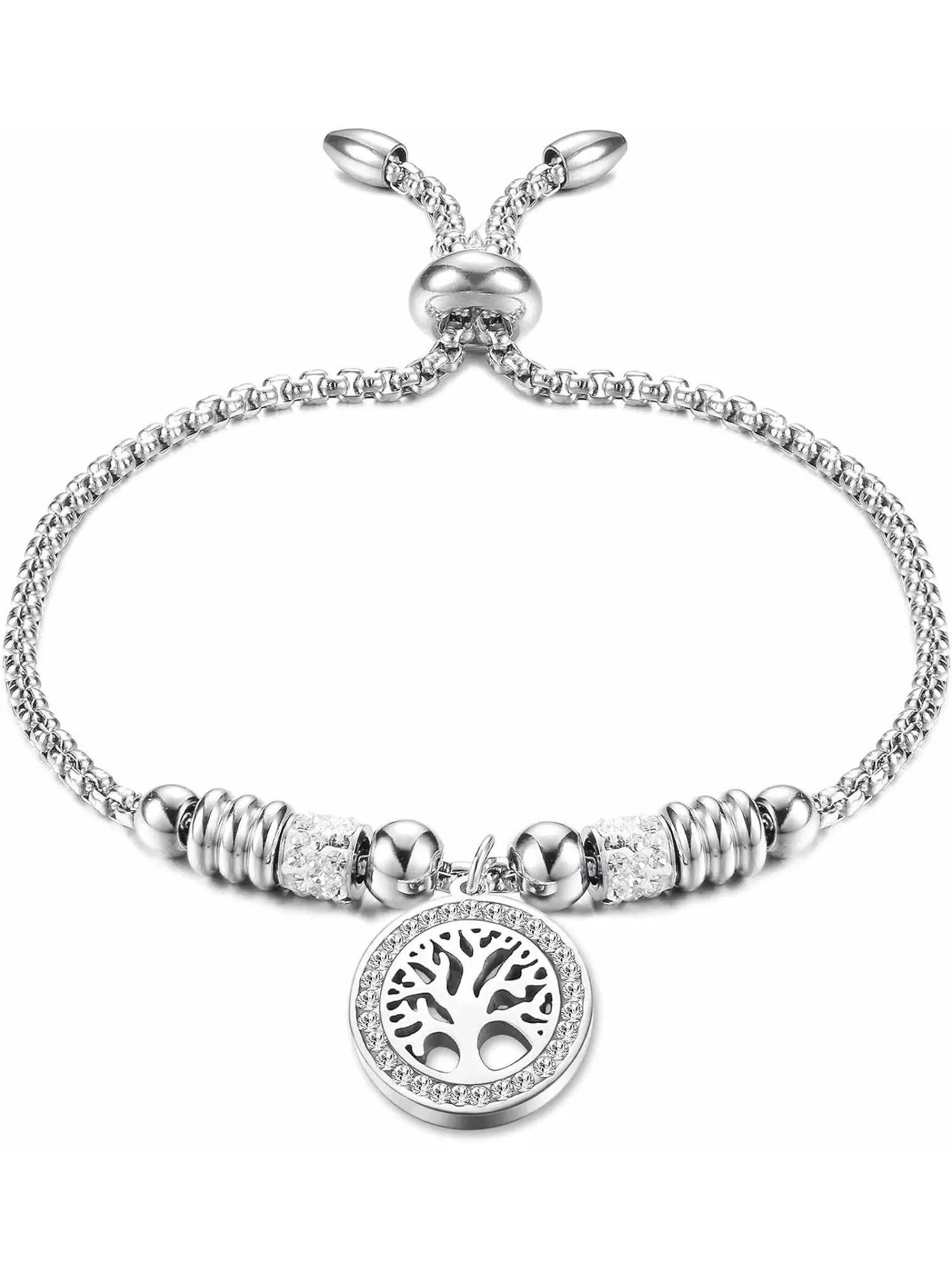 Tree of Life Bracelets for Women, Stainless Steel Adjustable Charm Bead Pendant Bracelet, Silver Dainty Bracelet Jewelry for Daily Wear, Birthday Holiday Gift for Her