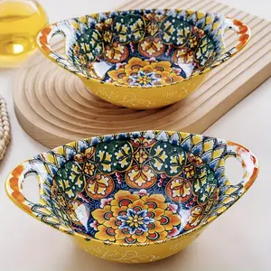 2pcs Bohemian Ceramic Serving Bowls with Handles Stackable Oven Safe Soup Pasta Bowls Microwave Dishwasher Safe for Salad Fruit Cereal, Unique Boat Shaped Food Containers as Gift
