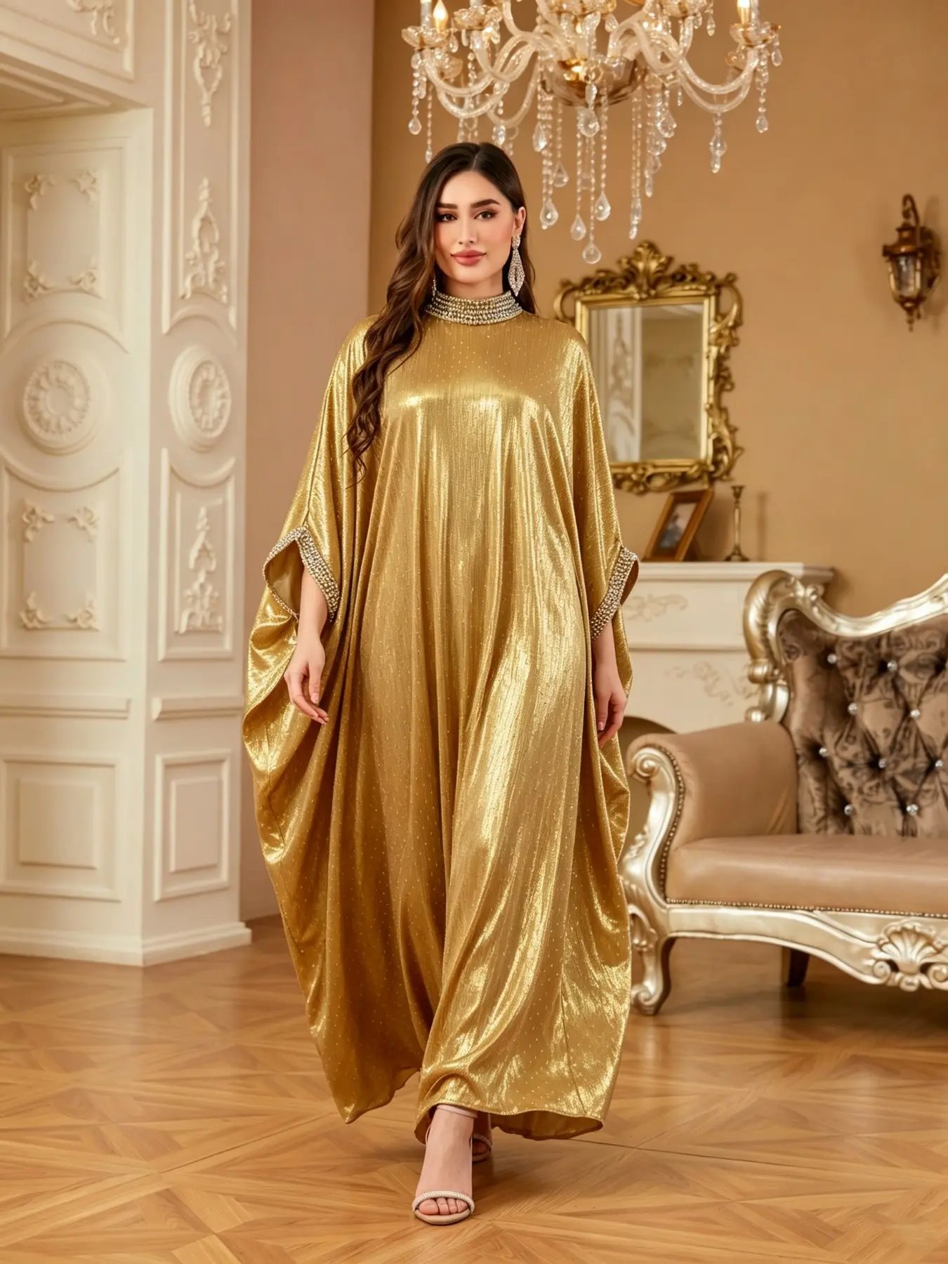 Women's Metallic Kaftan Maxi Dress, High Neck, Batwing Sleeves, Crystal Beaded Collar, Elegant Luxury for Eid, Ramadan, Wedding, Dinner Party