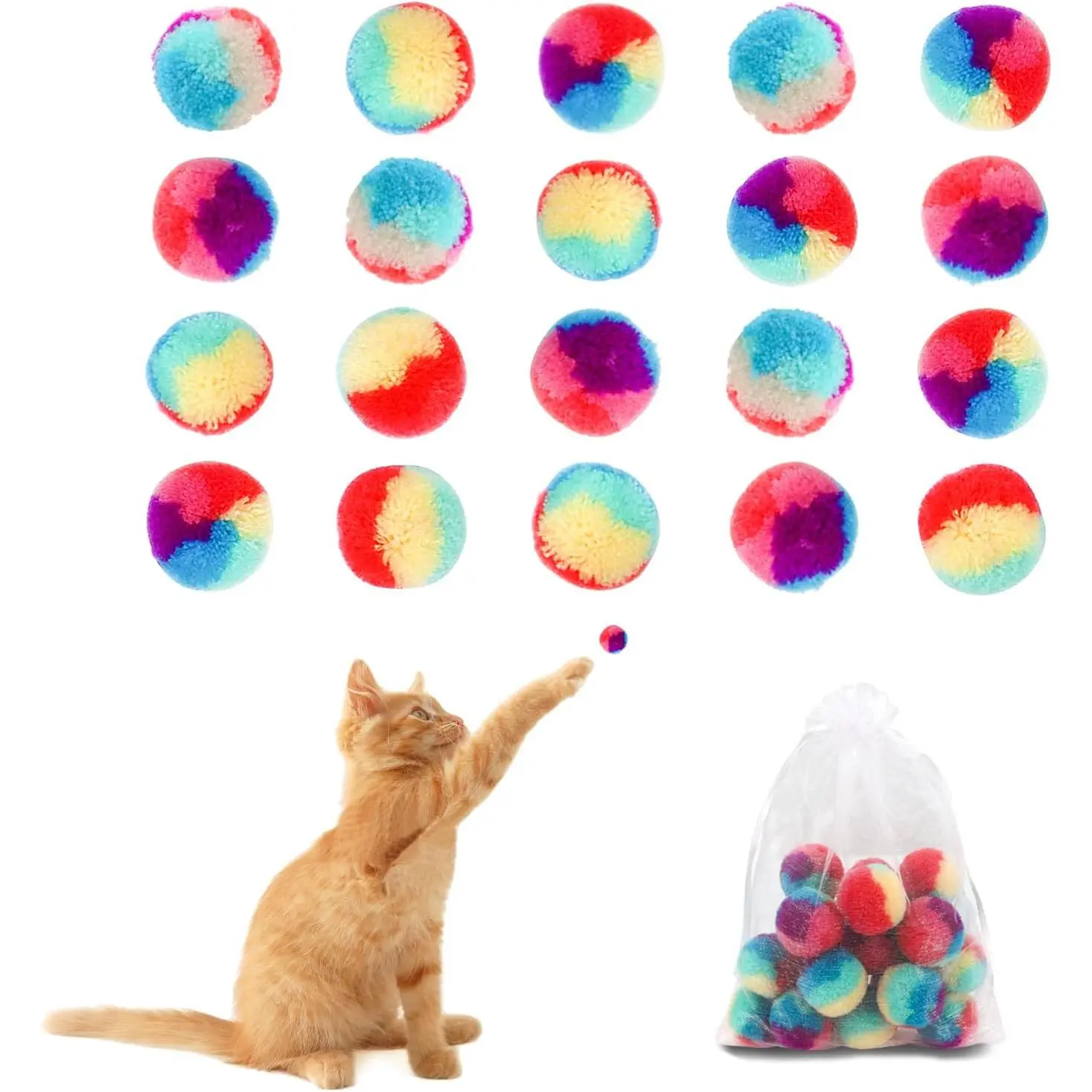 20 count  Ball , 1.18-Inch Rainbow   Ball Colorful  Pom Pom Balls with a Small Pouch, Fuzzy Kitty Balls for Cats, Kitten Toys for Playing  Chasing (A,Small)