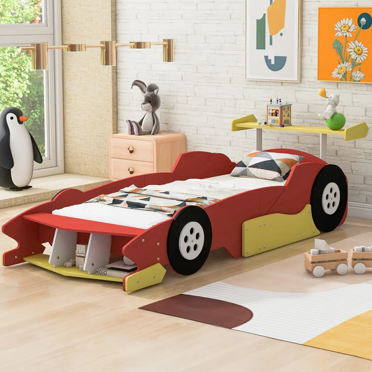 Twin Size Race Car‑Shaped Platform Bed, 98.7*41.7*26.5 Inch Kids Bed with Side Safety Rails, Plywood MDF Pine Wood Construction Sturdy Support Slats 250 LBS Weight Capacity, Bedroom Furniture, Mattress Not Included