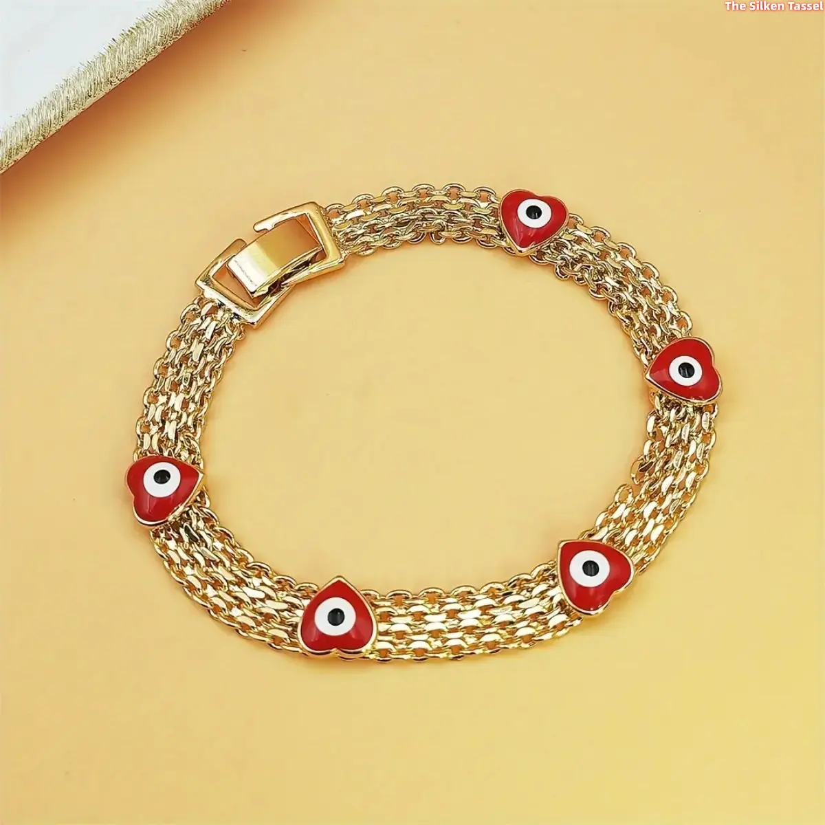 Women's Boho-Chic Evil Eye Copper Chain Bracelet - Wide Layered Luxe Golden-Tone Chain, Red Bead Charms, Adjustable Size, Stackable, Durable Protection Symbol, DIY Bag Accessory Gift, Boho-Chic Look, Beaded Bracelet, Diy Gift Idea, Stackable Bracelets, Ev