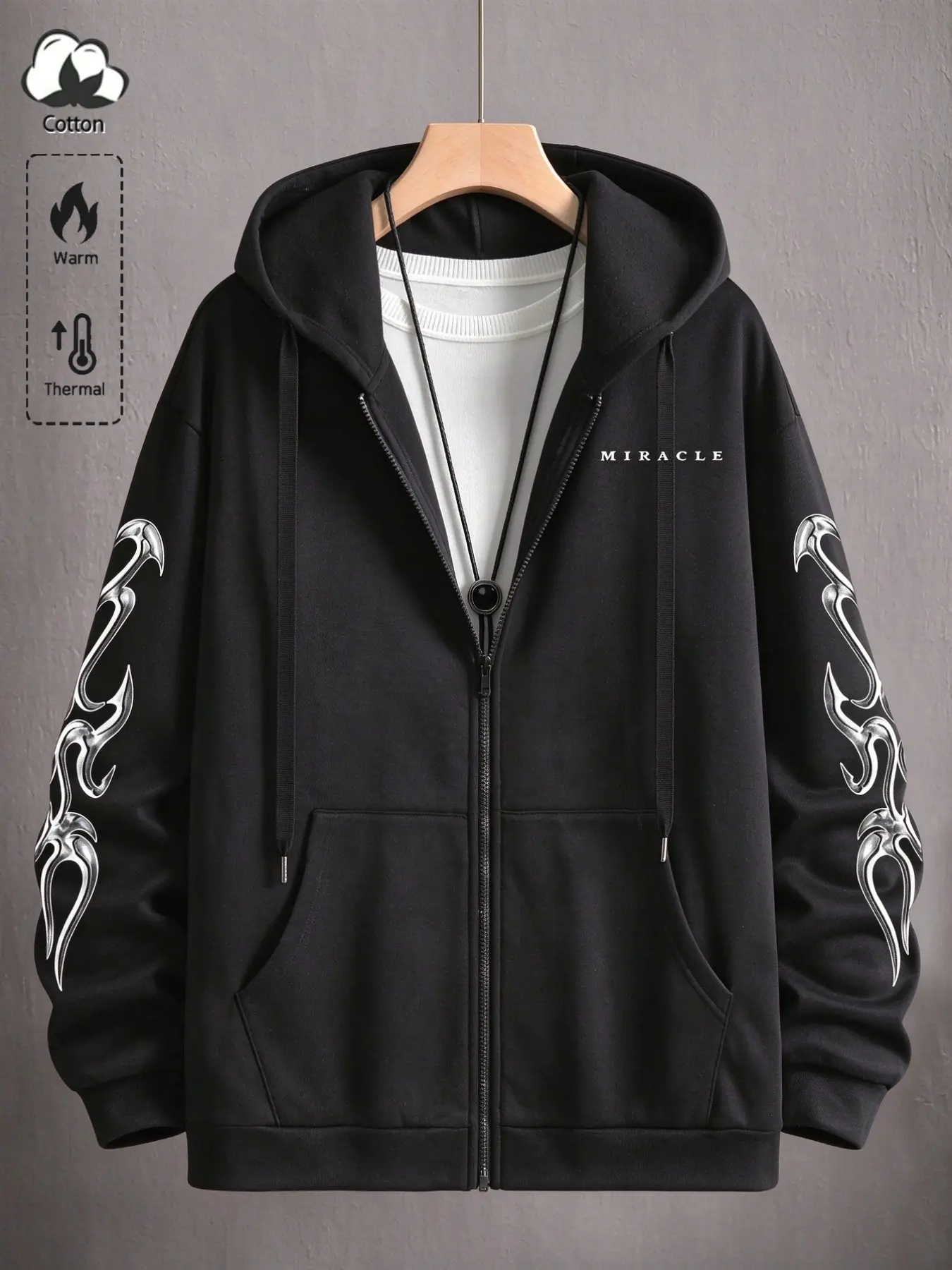 Unisex Cotton Warm Thermal Zip-Up Hoodie, Symmetrical Silver Tribal Flame Sleeve Print & "Miracle" Chest Logo, For Dark Street Subculture Youth & Halloween Music Festival Outfit, Oversized Kangaroo Pocket Casual Gothic Jacket Multi Color