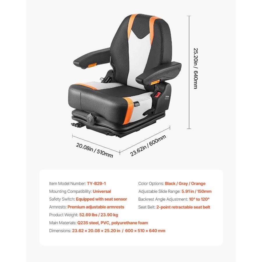VEVOR Universal Forklift Seat, Tractor Suspension Seat with Adjustable Back, Armrest Safety Belt, Secure Fold Down Tractor Seat with Micro Switch, Lawnmower Seat for Skid Loader Bulldozer