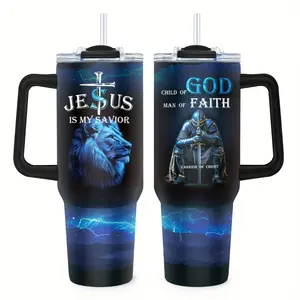 1pc "A Child of God, Man of Faith, Warrior of Christ " Tumbler, 40Oz Stainless Steel Cup with Lid, Travel Mug, Coffee Cup, Christian Gifts for Men, Dad, Husband, Grandpa, Suitable for Christmas, Birthdays, Father'S Day, And Car Use