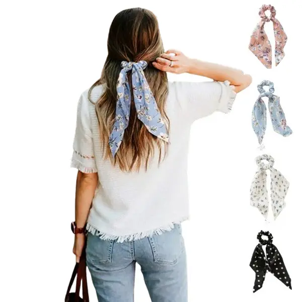Bohemian-Style Cloth Scrunchies 5-Piece Set for Female Wear - Sweet Elegant Synthetic Floral Fabric with Ribbon Tails, Plain Cottagecore Hair Accessories for Everyday Commute, Parties (Boosts Engagement), Casual, Parties/Casual, Casual Party