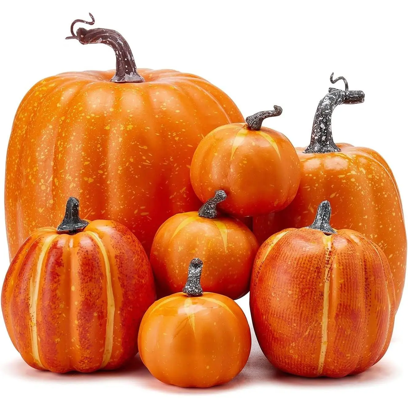 7PCS Round Artificial Foam Pumpkin Decorations, Country-Style Light Luxury Decorative Ornaments for Fireplace, Table, Room Decor, Suitable for Halloween, Thanksgiving Harvest Day, Orange
