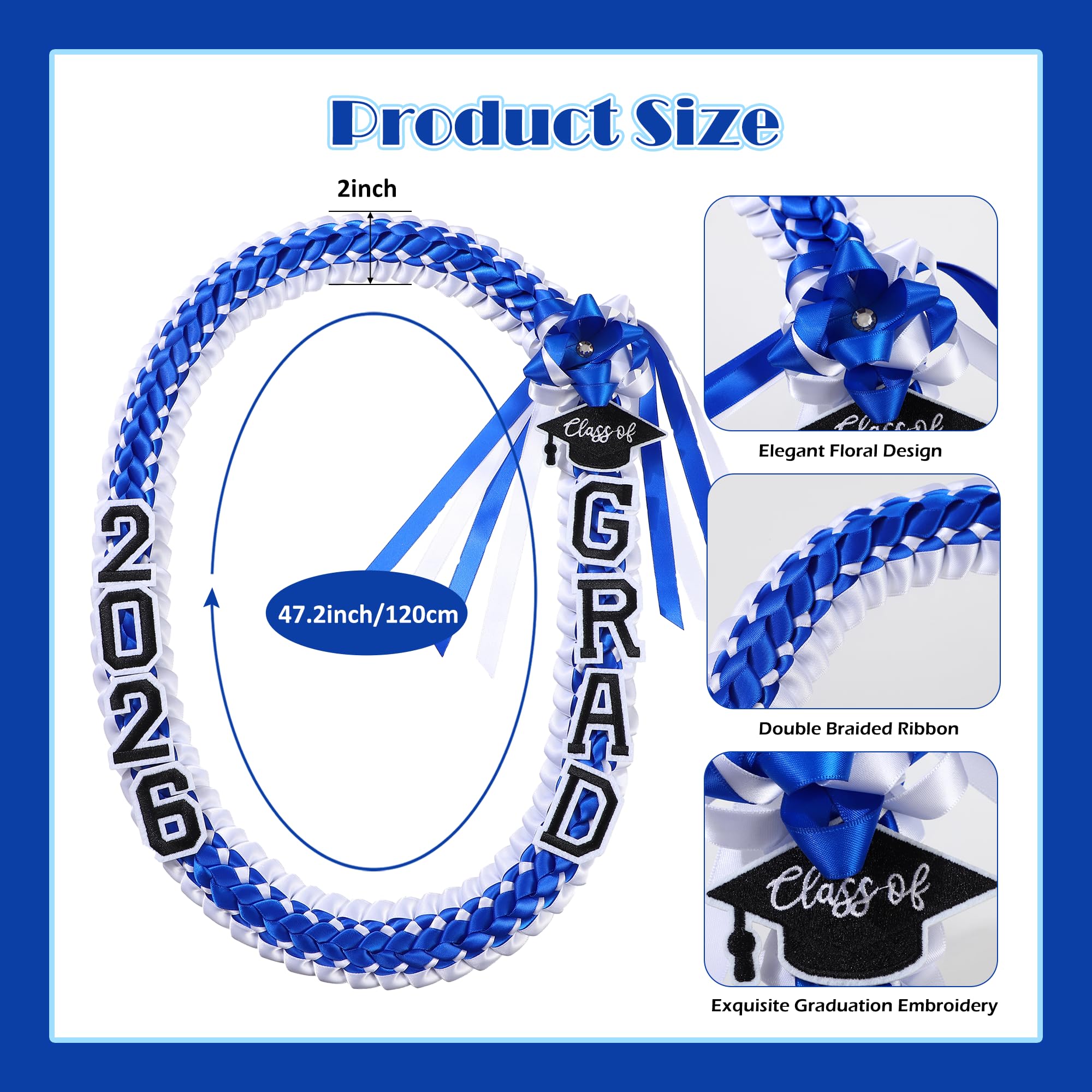 2026 Graduation Leis for Him Her, Hand Woven Blue Braided Ribbon Lei With GRAD Letters And Cap Charm, Adjustable Graduation Money Lei Equipped With Safety Pins, Premium Grad Party Favors Decor For Class of 2026 Graduation Ceremony Celebration Gifts