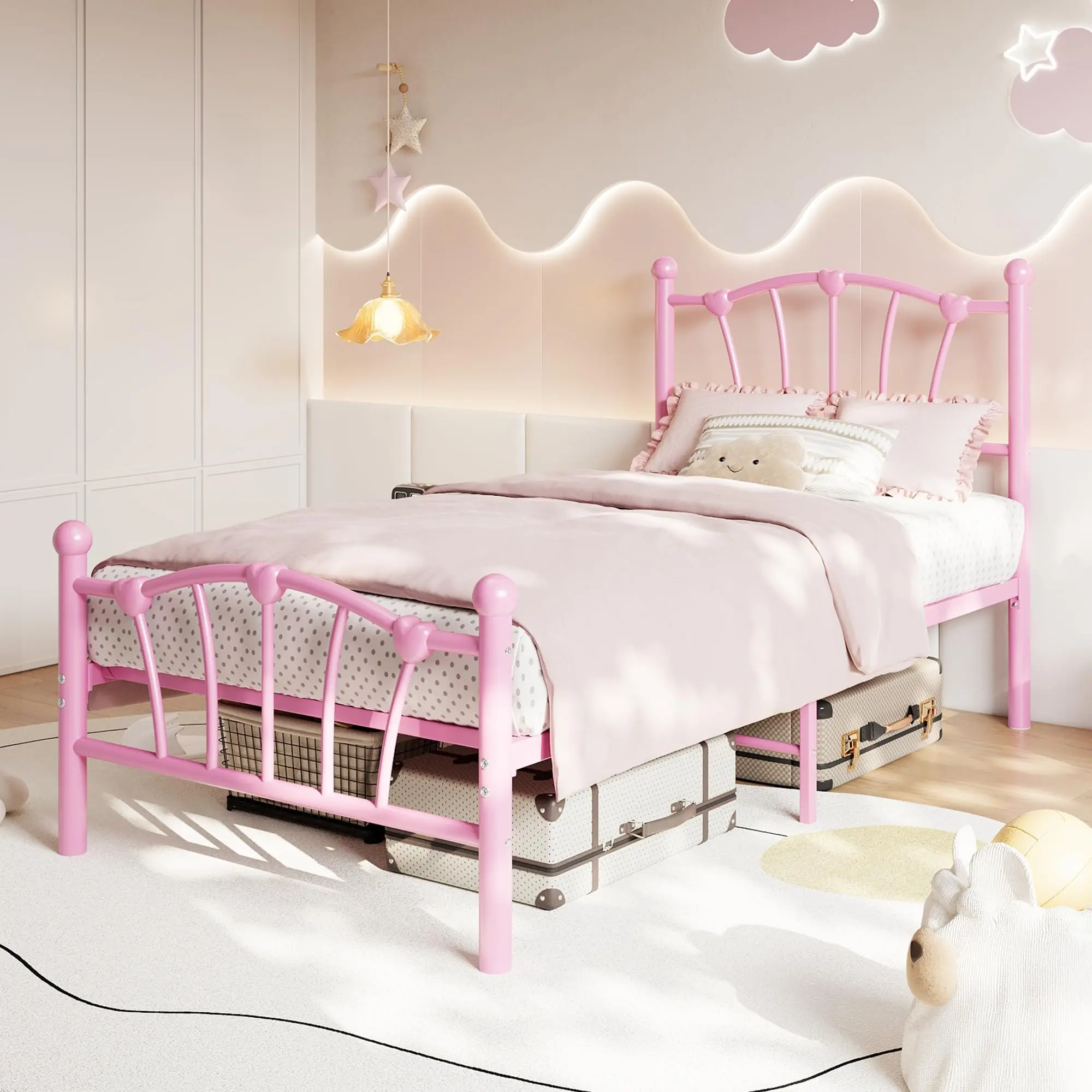 Bed Frame with Headboard and Footboard, Pink  Heart Shaped Platform Bed Frames, Heavy Metal Slat Support, Noiseless, No Box Spring Needed