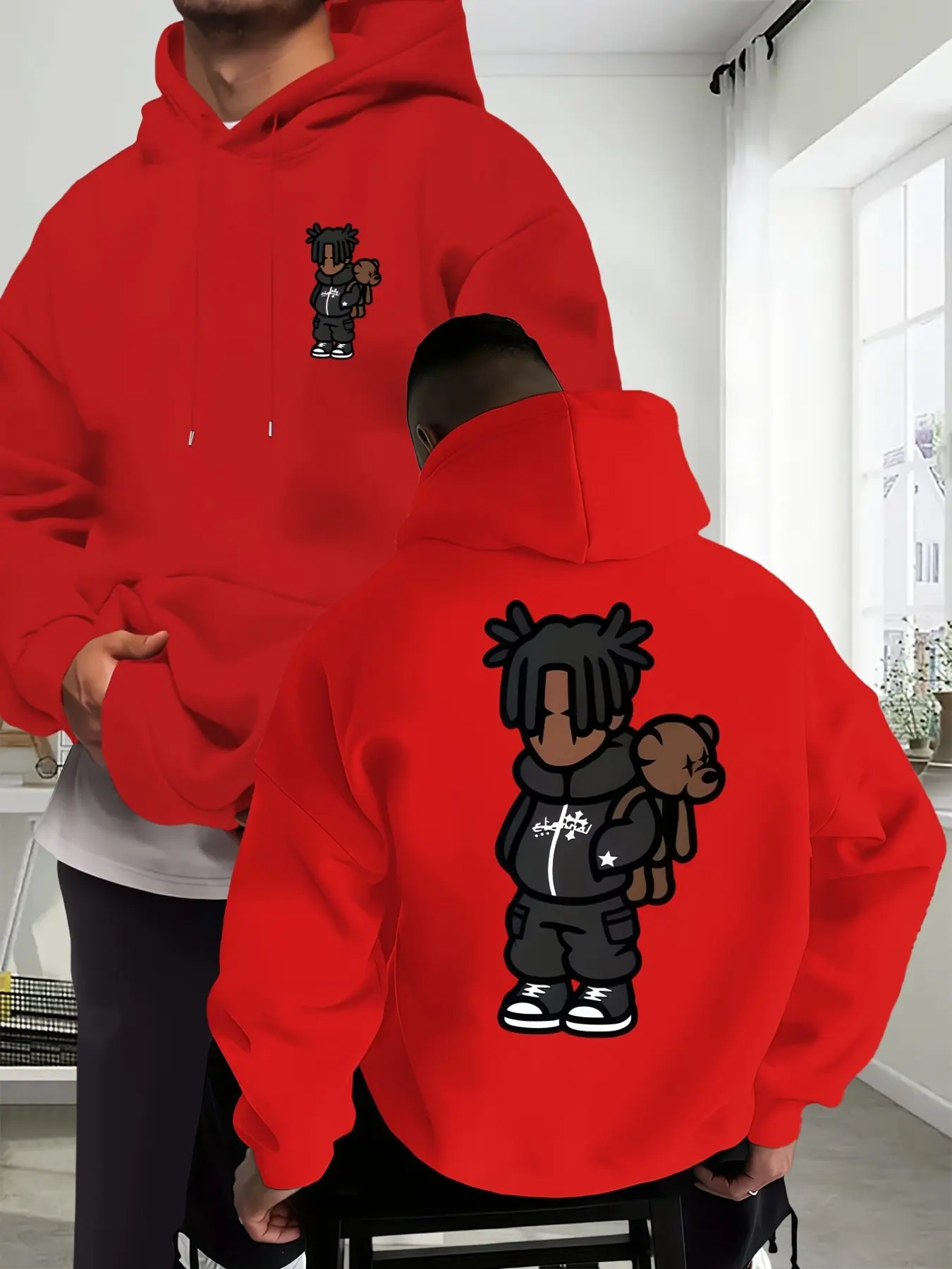 Cartoon Men's New Trendy Fall Winter Hoodie, Casual Daily Drawstring Hooded Sweatshirt, Creative Print, Kangaroo Pocket, Unisex Top