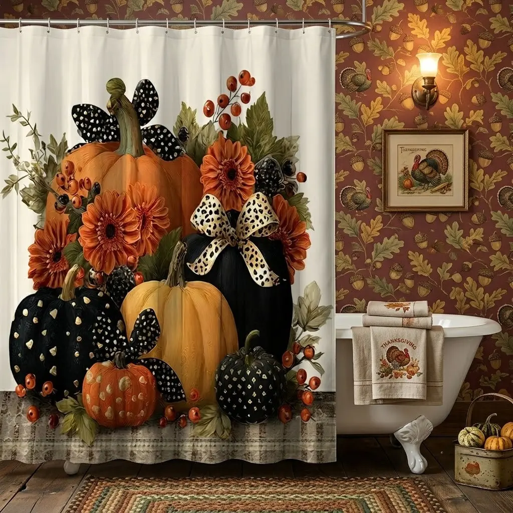 1pcs Fall Harvest Leopard Print Pumpkin Floral Shower Curtain, Farmhouse Shower Curtains For Bathroom, Orange Black Pumpkins Botanical Bathroom Curtain, Autumn Farmhouse Decor Bath Curtain for Bathroom Bathtub Decoration