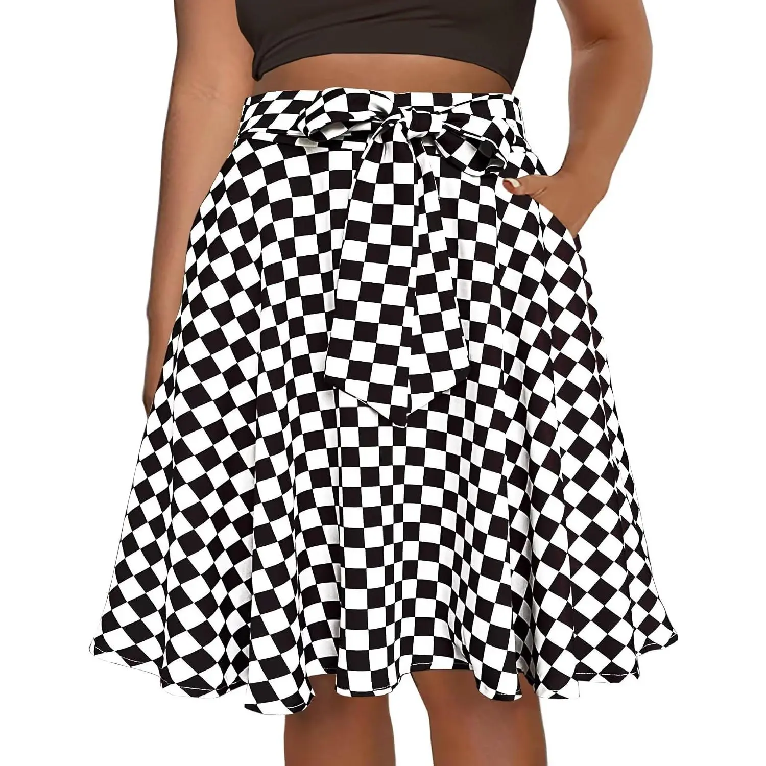 Womens African High Waist Tie Ankara Skirt Flared Dashiki Midi Skirt with Pockets
