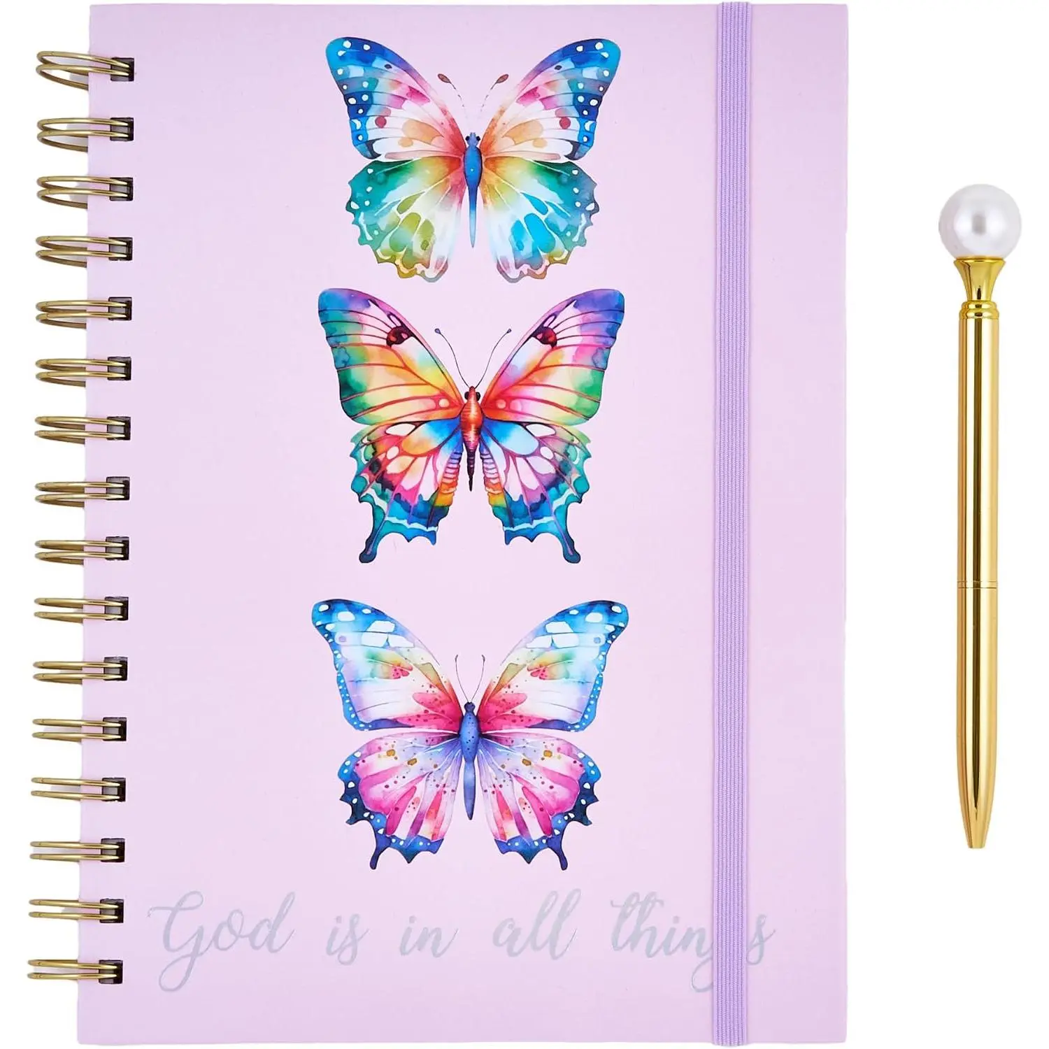 Butterfly Spiral Notebook with Pen - Office Stationery with Colorful Watercolor Design, Top Ballpoint Pen, Lined Pages - for Women