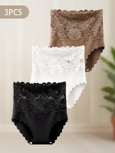 Three-Pack Women's High-Waisted Breathable Lace Underwear, Butt Lifting Triangle Panties, Mesh Full Cup, Wave Edge, Semi-Transparent, All Seasons
