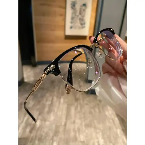 Gothic Luxury Browline Blue Light Eyeglasses Frames - Vintage Cross Carved Semi-Rimless, Lightweight Office Computer Decorative Frames for Women, Glasses Fashion, Vintage Eyeglasses, Women's Accessories