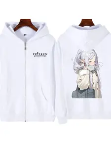 American Frieren Winter Coat Scarf Zip-Up Open Front Jacket, Frieren Twin Ponytail Anime Print Loose Fit Hooded Sweatshirt