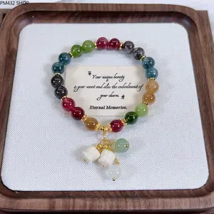 Ins Style Tourmaline Bell Orchid Bracelet, Ethnic Style Beaded Bracelet with Ruyi Charm, Unique Lucky Jewelry for Daily Wear and Birthday Gift
