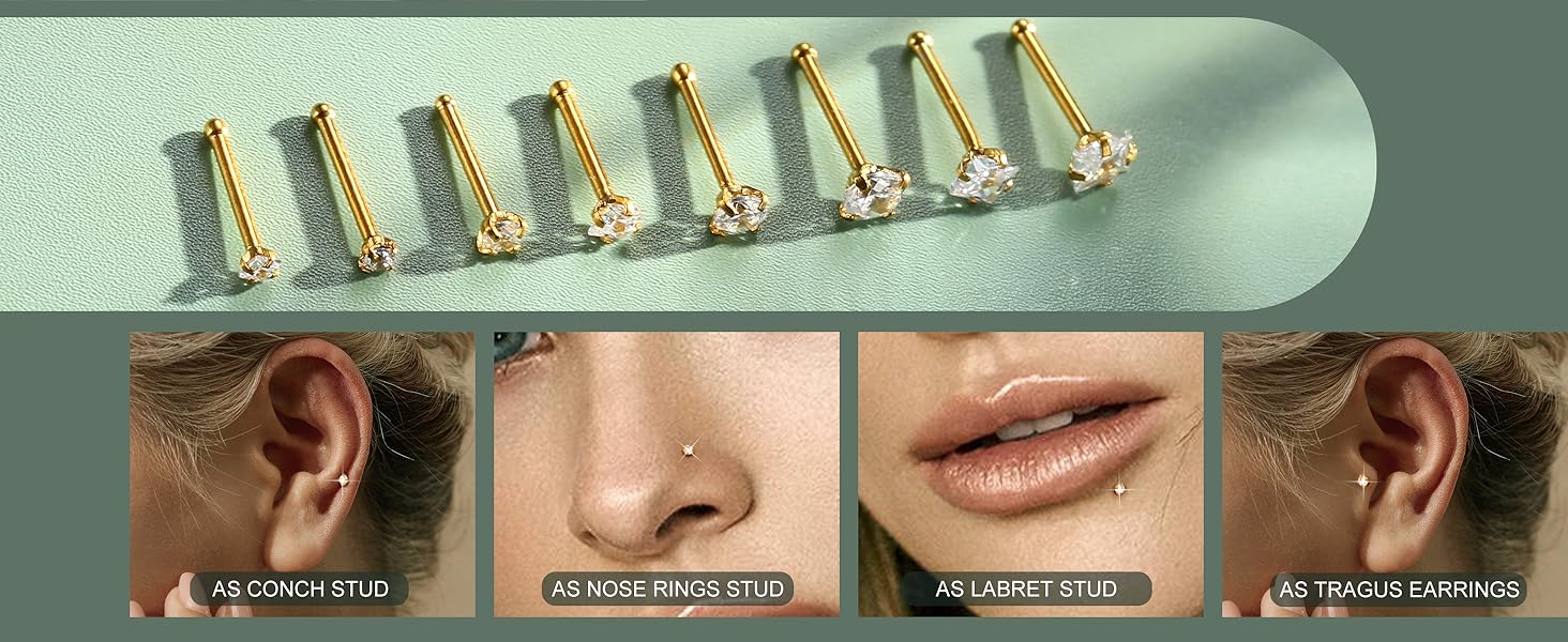 Milacolato Hypoallergenic Nose Rings 18G 20G Surgical Stainless Steel Nose Rings Studs Cubic Zirconia Nose Ring Labret Nose Piercing Jewelry for Women Men 1.5mm 2mm 2.5mm 3mm