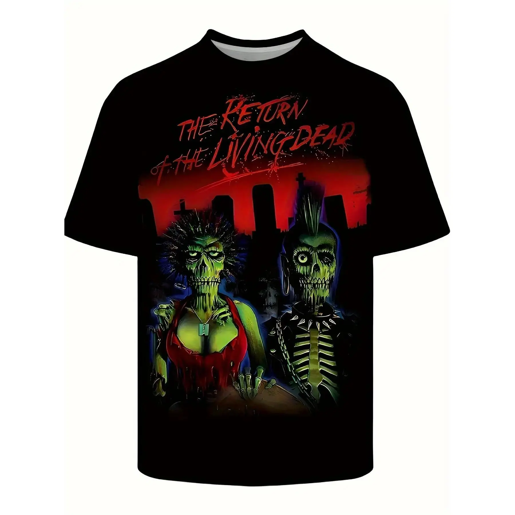 Men's Horror Theme Knit Short Sleeve T-Shirt - Zombie & Skull Design, 'Resurrection of the Dead' Text, Red-Black Basic Top, Lightweight Korean Preppy Style, Foldable, Cute, Holiday Wear, Machine Washable/Dry Clean, Casual Fit, Round Neck, Knit Fabric, Sho