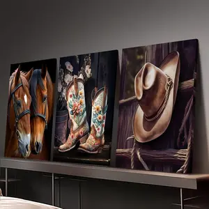 3-piece framed canvas wall art with Western art horse boots and hat triptych theme, clearance sale, 2D flat design, suitable for Halloween, Christmas, winter and summer, high-end interior decoration, suitable for him/her, bedroom, living room, bathroom, h