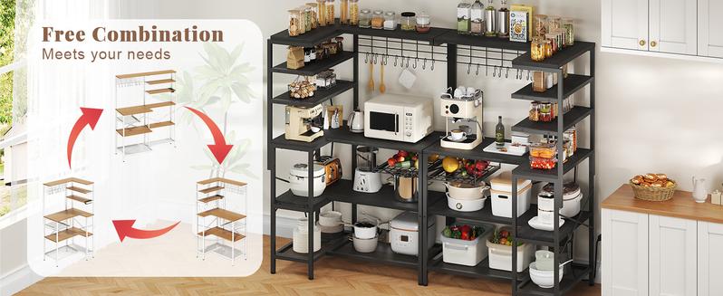L-Shaped Bakers Rack with Power Outlet, 6-Tier Microwave Stand with Open Storage, Kitchen Shelf with Hooks, Coffee Bar with Wire Basket, White