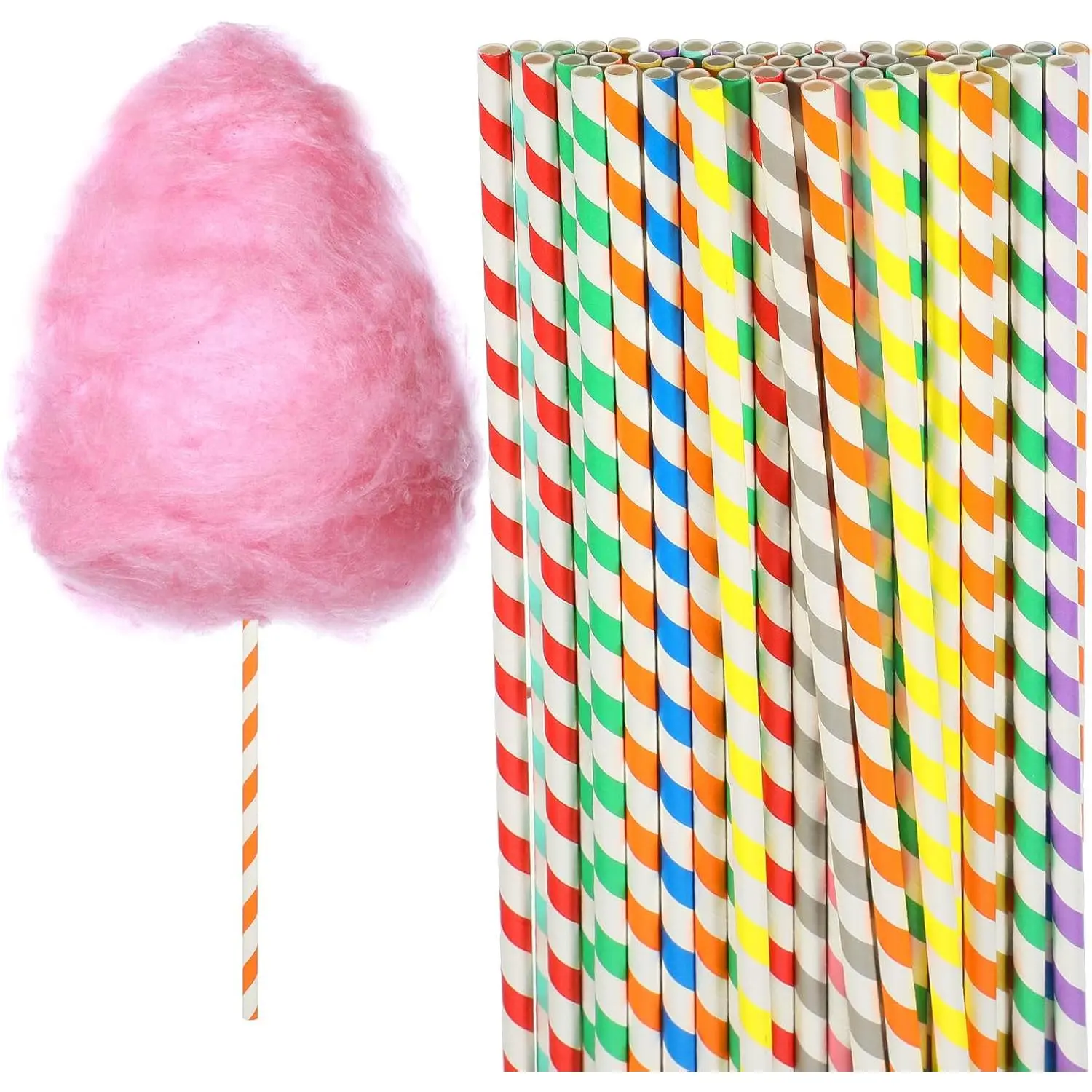 50 PCS Cotton Candy sticks, 13.78 inch cotton candy sticks Random Colorful stripes Paper Straws Cones Cotton Candy Holder for Birthday Wedding Party, Candy Making