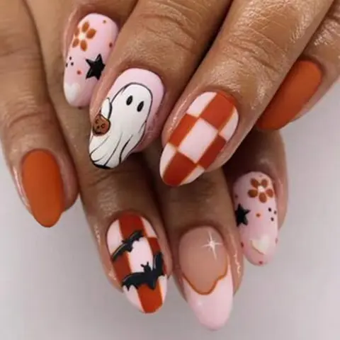 Halloween 24pcs Short Oval Press-On Nails, Decorative Nails, Ghost, Small Flower, Bat, Checkered Pattern, Acrylic Set with Jelly Glue and Nail File