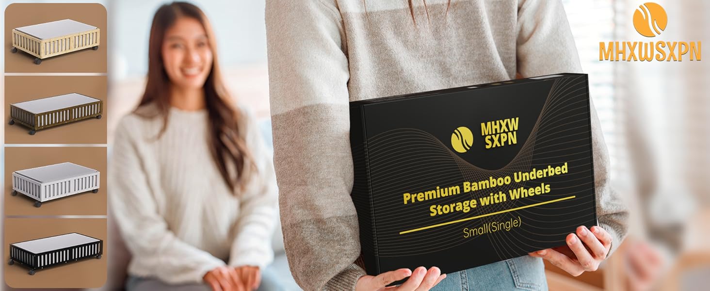 Bed Containers with Wheels, 2 Pack Bamboo the Bed Shoe Bins, Wood Rolling Underbed Drawers Organizer for Bedroom, Closet Clothes Blanket Comforter Crib Toy Walunt