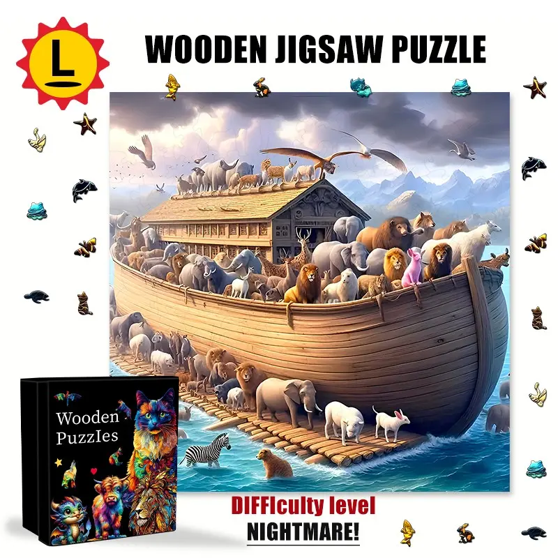 Noah's Ark Animal Adventure Wooden Puzzle, Adult Educational Game, Brightly Colored, Brain Teasers, Handmade Gift, Christmas, Halloween, Birthday