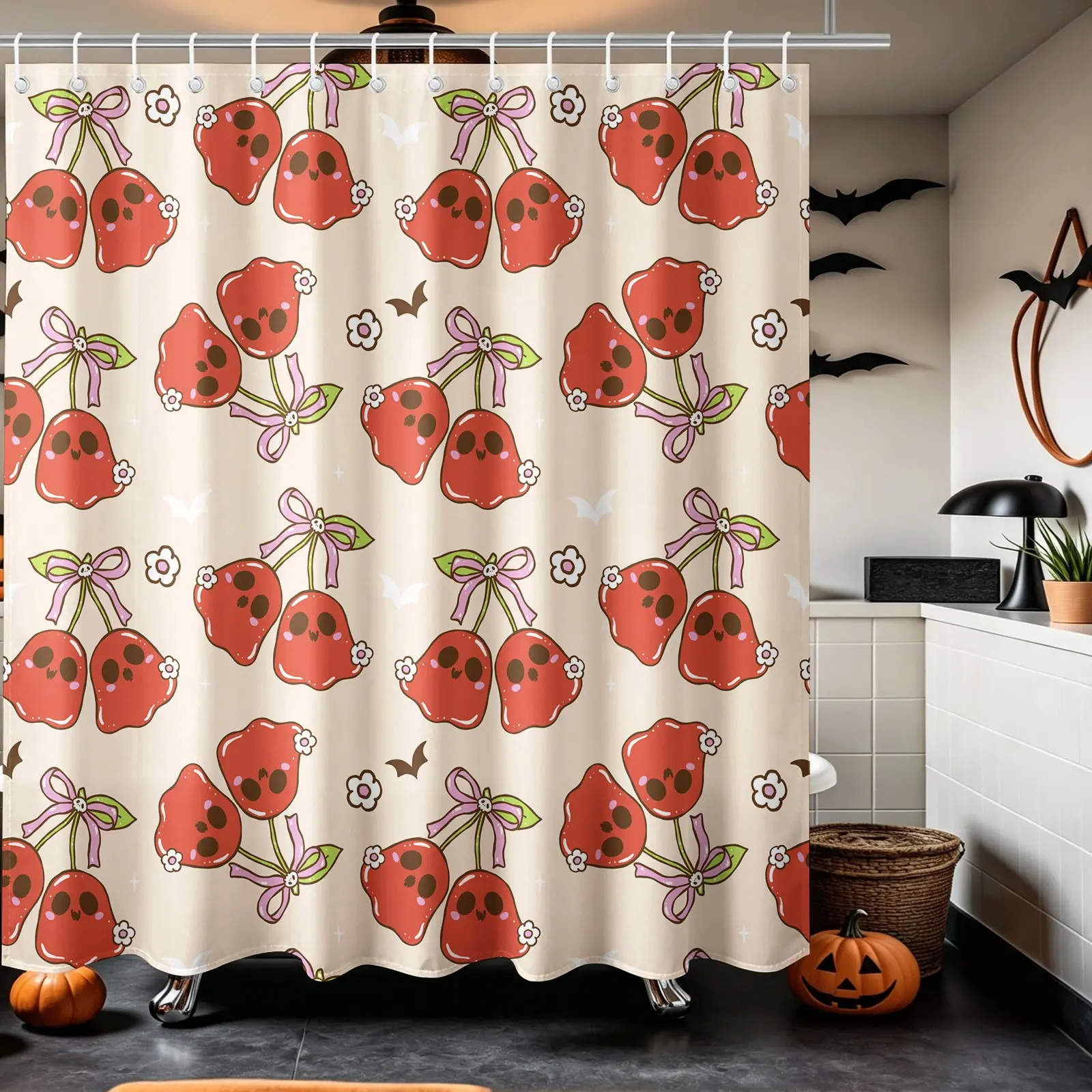 Cute Cherry Skull Bow Halloween Print Shower Curtain, Waterproof Cloth Fabric Bathtub Curtain 72"x72" with 12 Hooks, Trendy Sweet Spooky Bathroom Decor Accessories for Holiday Home