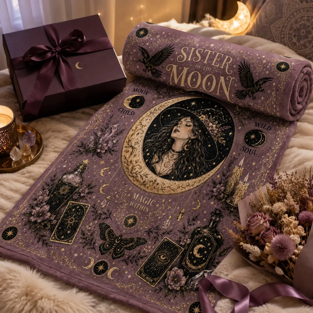 Moon Sisters Mystical Witch Tarot Fleece Blanket, Dark Crystal Raven Potion Magic Cover, Ultra Soft Warm High-Definition Print, Bohemian Bedroom Decor Meditation Blanket