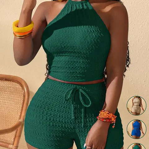 2 Pieces Set Women's Casual Vacation Textured Fabric Slim Fit Stretch Tank Top and Shorts, Tie-Up Backless Outfit for Beach Sunbathing, Streetwear, Music Festivals and Parties, Comfortable Stylish for Daily Relaxing Casual Matching Set