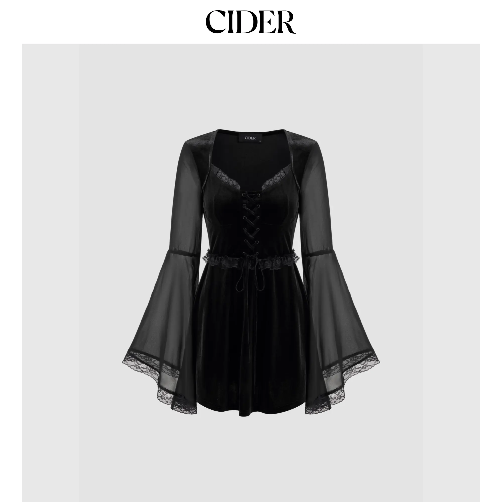 Cider [size 2-26] Velvet Square Neck Solid Lace Up Bell Sleeve Mini Dress SohoChic