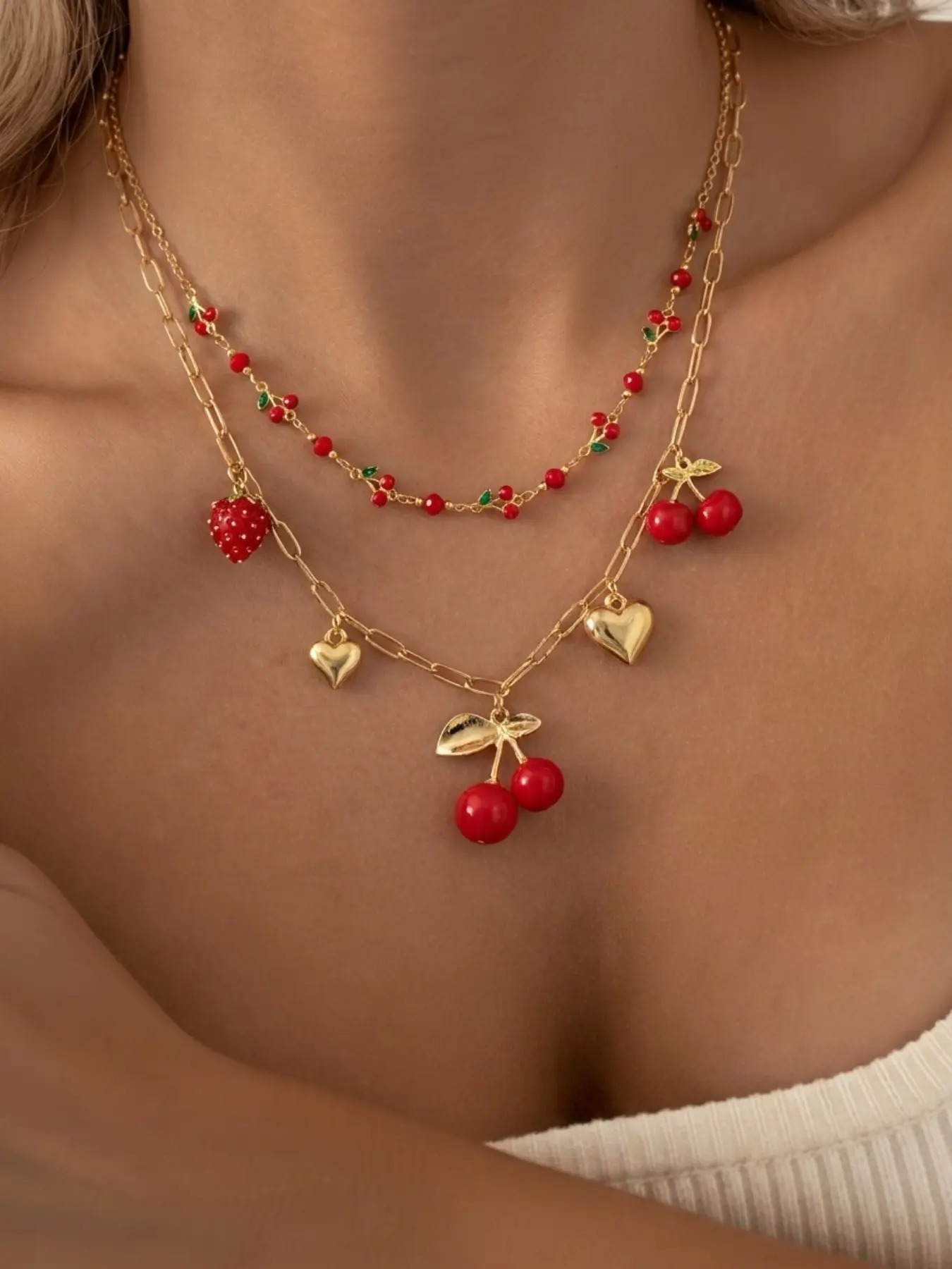 2pcs Y2K Cherry Strawberry Heart Pendant Necklace Set Red Enamel Fruit Multi Strand Stack Choker Coquette Sweet  Women Spring Summer Jewelry