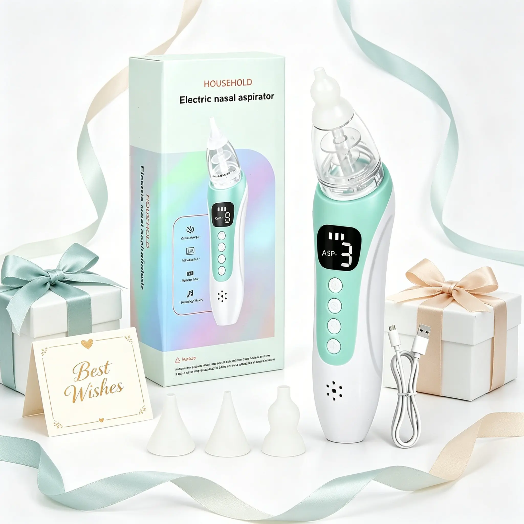 Portable Electric Baby Nasal Aspirator with Soothing Light and Soft Music, Rechargeable Nose Cleaner with Multiple Silicone Tips for Gentle Infant Nasal Care