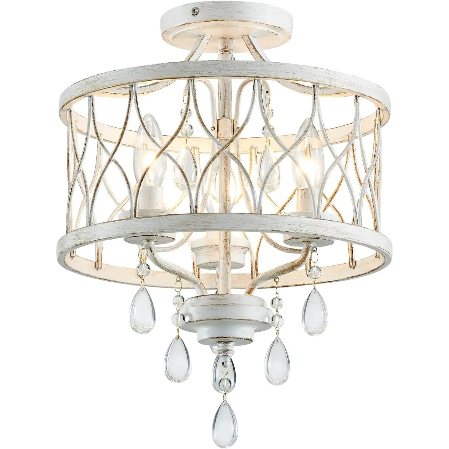 Farmhouse Crystal Semi Flush Mount Chandelier, 3-Light Rustic Vintage White Pendant Ceiling Lamp for Hallway, Corridor, Kitchen, Entryway, Bedroom, Living Room