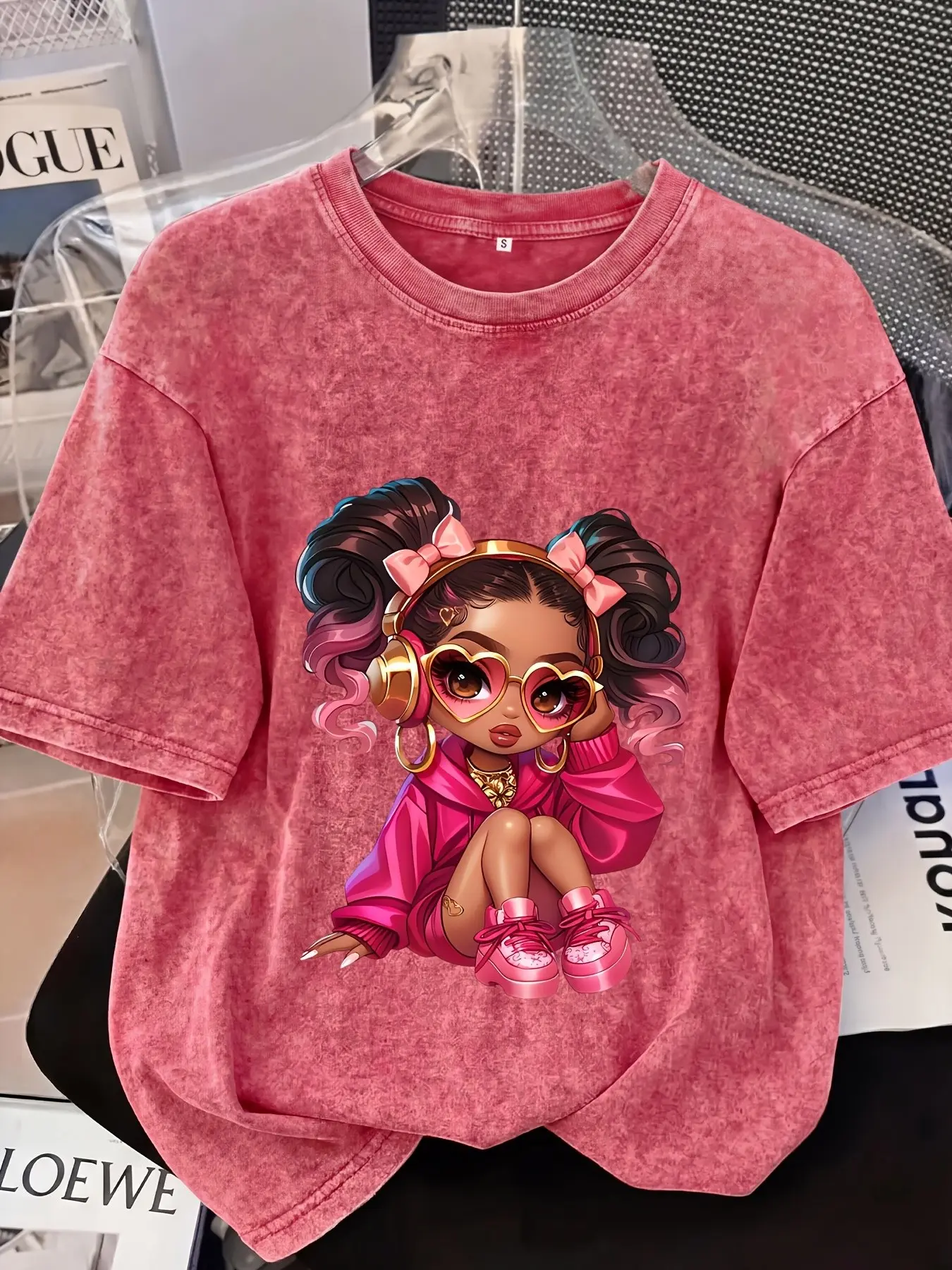 Distressed Short-Sleeve T-Shirt Featuring a Graphic of a Girl with Heart-Shaped Sunglasses and Headphones, 90s-Style Vintage Wash Finish, Available in Multiple Colors, Relaxed Fit, Streetwear, Casual, Perfect for 'Sweet' or 'Edgy' Street-Style Outfits