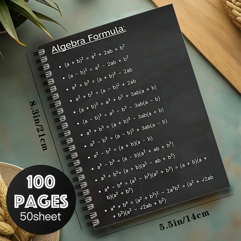 Algebra Formula Spiral Notebook, with annotated algebra equations and formula charts - A-Z terminology, spiral binding, compact size 14.48 cm wide (21.08 cm high) - Durable math notebook, suitable for students, teachers, professionals - College-ruled note