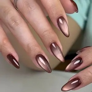 Press On Nails 24PCS Almond Cat Eye Brown Gradient Fake Nails Acrylic Nails Magnetic Glossy Nude Design Reusable Acrylic False Nails for Daily Party Wedding Occasion 1 Jelly Glue & 1 Nail File